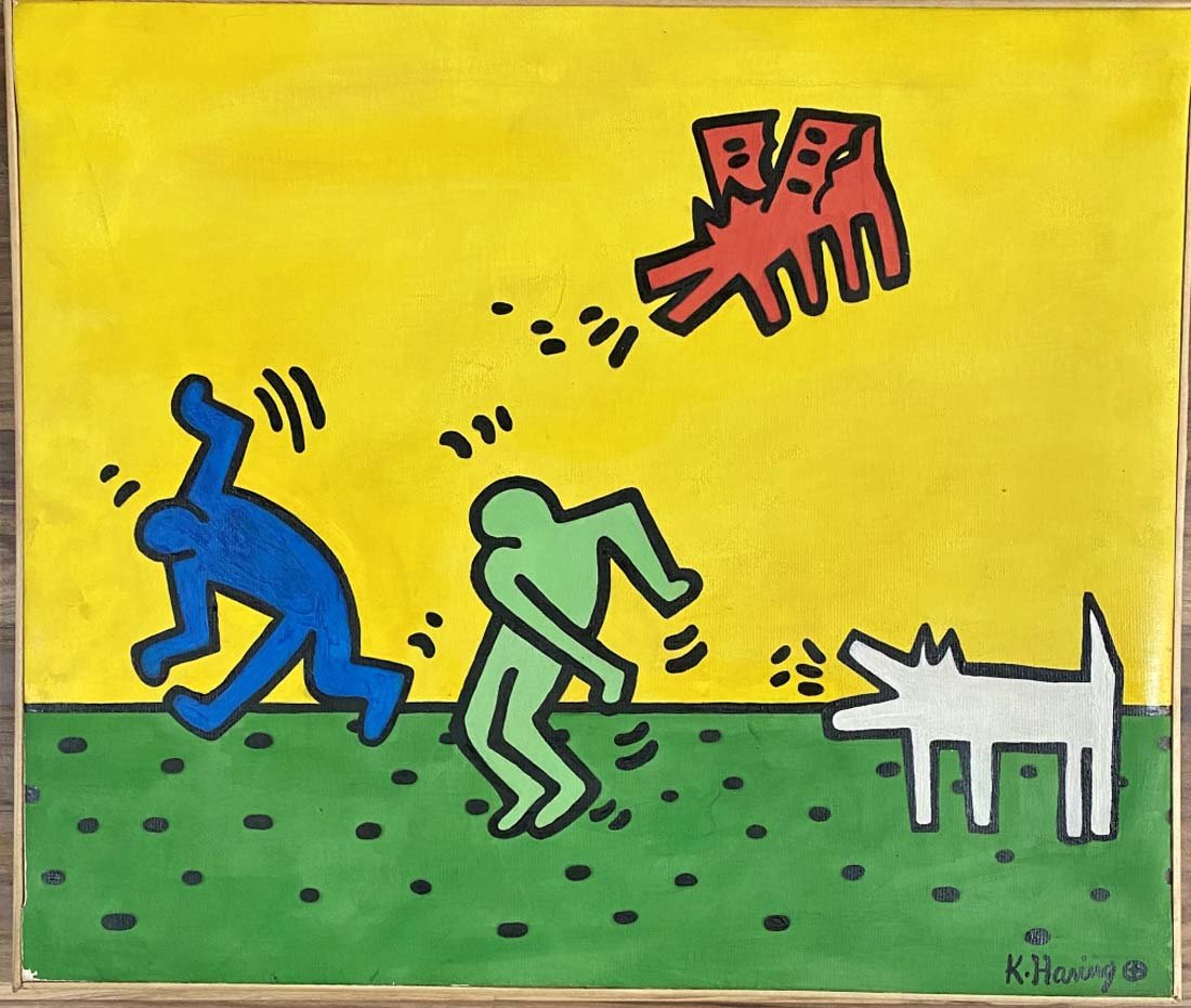 KEITH HARING FIGURATIVE OIL ON CANVAS V$25,000: MINT CONDITION/MEASUREMENTS:The composition is 20 inches high and24 inches wide. Keith Allen Haring was an American artist whose pop art and graffiti-like work grew out of the New York City street cul