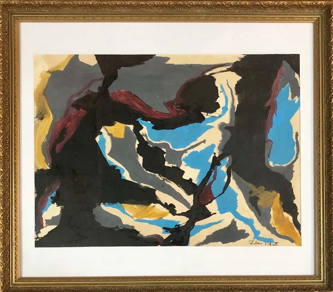 ESTEBAN VICENTE ABSTRACT MIXED MEDIA V$13,000: MEASUREMENTS: The piece is 27 inches high and 32 inches wide. TYPE OF SIGNATURE: Ink in the bottom right corner/MINT CONDITION/Esteban Vicente Pérez was an American painter born in Turégano, Spain.