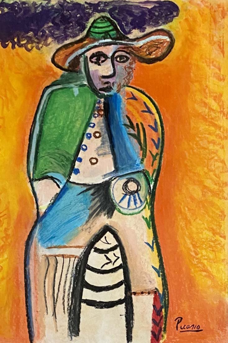 PABLO PICASSO MIXED MEDIA ON PAPER V$5,000: MINT CONDITION/MEASUREMENTS: The composition is 24inches high and 18 inches wide. Pablo Diego José Francisco de Paula Juan Nepomuceno María de los Remedios Cipriano de la Santísima Trinidad Ruiz y 