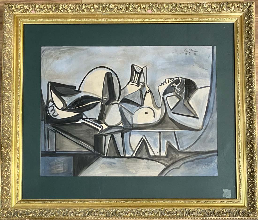 PABLO PICASSO CUBIST MIXED MEDIA ON PAPER V$5,000: MINT CONDITION/MEASUREMENTS: The composition is 22 inches high and 29 inches wide. Pablo Ruiz Picasso was a Spanish painter, sculptor, printmaker, ceramicist and theatre designer who spent most of his