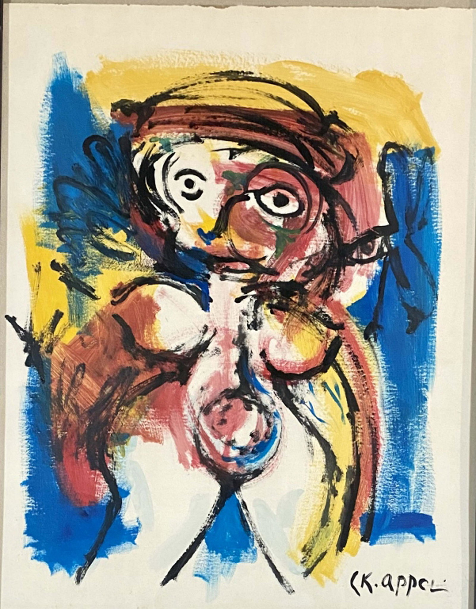 KAREL APPEL MIXED MEDIA ON PAPER V$15,000: VERY GOOD CONDITION/37 inches high and 29 inches wide including the frame/25 April 1921 Â– 3 May 2006) was a Dutch painter, sculptor, and poet. He started painting at the age of fourteen and studie