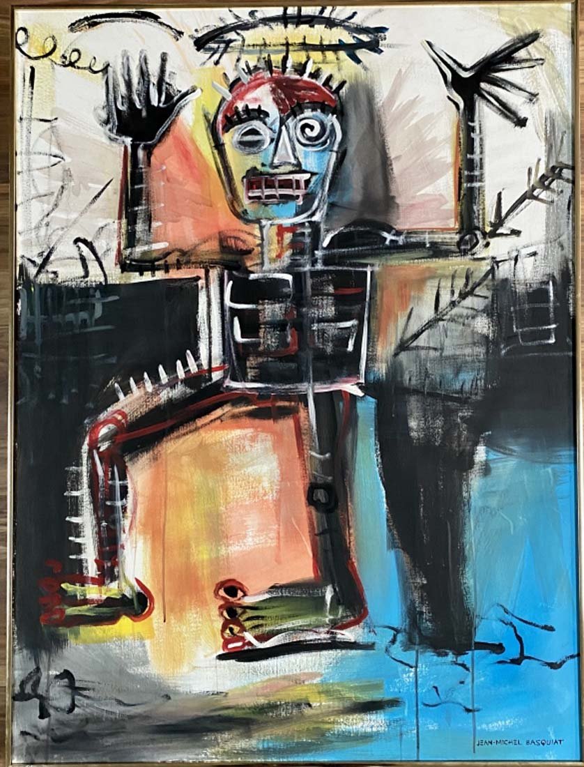 JEAN-MICHEL BASQUIAT FIGURATIVE OIL/CANVAS V$30,000: MINT CONDITION/MEASUREMENTS:The composition is 47 inches high and 35 incheswide. An American artist of Haitian and Puerto Rican descent. Basquiat first achieved fame as part of SAMO, an informal graff