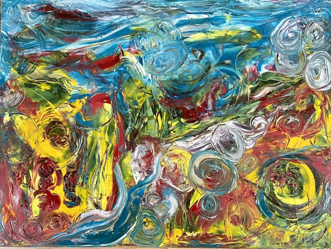 KAZUO SHIRAGA ABSTRACT OIL ON CANVAS V$8,700: MINT CONDITION/MEASUREMENTS: The composition is 36 inches high and 40 inches wide. Kazuo Shiraga was a Japanese modern artist who belonged to the Gutai group of avant-garde artists. He was acknowledge