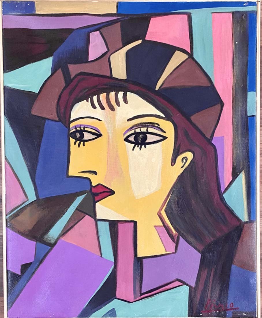 PABLO PICASSO CUBIST OIL ON CANVAS V$4,000: MINT CONDITION/MEASUREMENTS: The composition is 20 inches high and 16 inches wide. SIGNED: "Picasso"25 October 1881 – 8 April 1973) was a Spanish painter, sculptor, printmaker, ceramicist and theatr