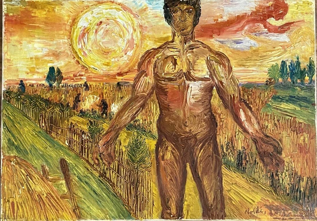 EMIL NOLDE ABSTRACT OIL ON CANVAS V$12,000: VERY GOOD CONDITION, SOME PAINT LOSS NO FRAME/MEASUREMENTS: The composition is 19.5 inches high and 27.5 inches wide. SIGNED: Emile Nolde a German-Danish painter and printmaker. He was one of the firs