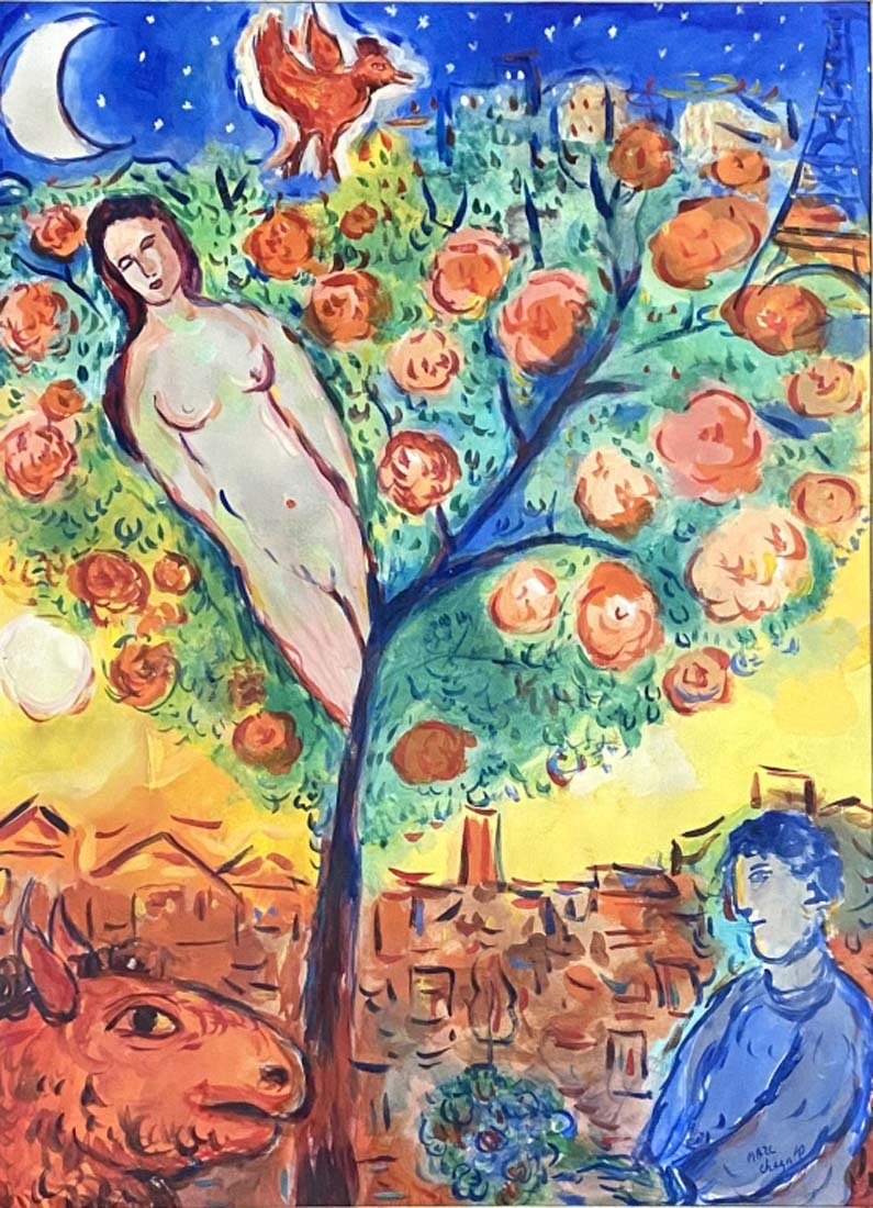 MARC CHAGALL SURREALISTIC MIXED MEDIA/PAPER V$6,000: MINT CONDITION/MEASUREMENTS: The composition is 29 inches high and 22 inches wide. Marc Chagall was a Russian-French artist of Belarusian Jewish origin. An early modernist, he was associated with seve