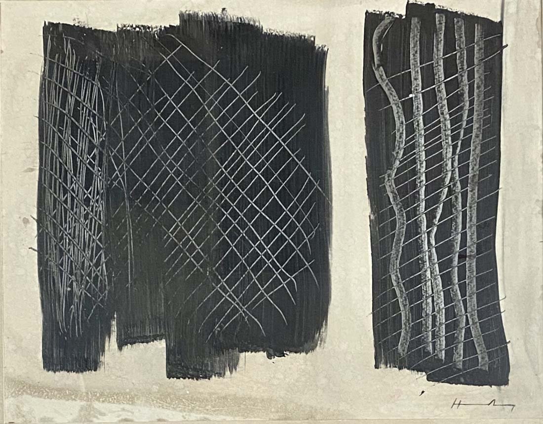 HANS HARTUNG MONOCHROMATIC ON PAPER V$17,000: MIXED MEDIA ON PAPER/OK CONDITION/MEASUREMENTS: The composition is 20 inches high and 26 inches wide. SIGNED: Hans Hartung. Hartung was born in Leipzig, Germany into an artistic family. He developed a