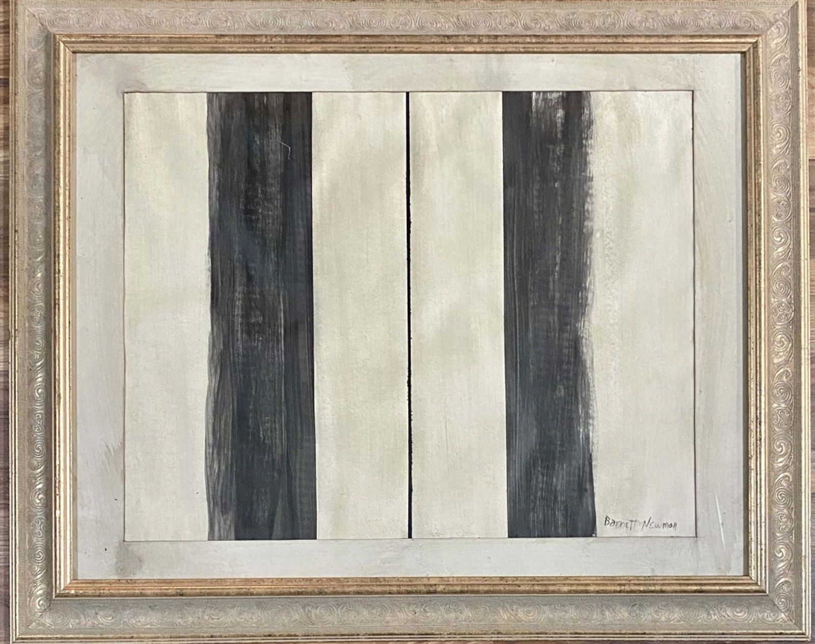 BARNETT NEWMAN ABSTRACT GOACHE ON PAPER V$3,500: GOOD CONDITION, SHOWS AGE/MEASUREMENTS: The composition is 18 inches high and 23 inches wide. SIGNED:Barnett Newman. Barnett Newman was an American artist. He is seen as one of the major figures in ab