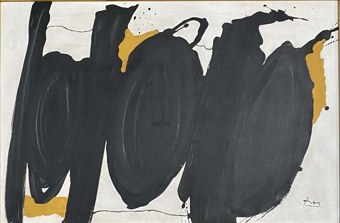 ROBERT MOTHERWELL ABSTRACT OIL ON CANVAS V$32,000: MINT CONDITION/MEASUREMENTS: The composition is 23 inches high and 35 inches wide. SIGNED: Robert Motherwell. Robert Motherwell was an American abstract expressionist painter, printmaker, and editor. 