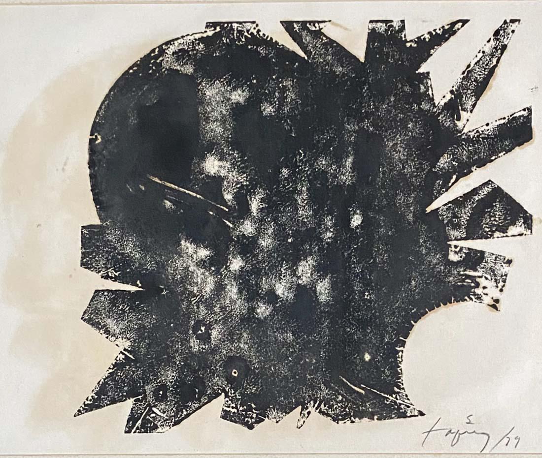 PENCIL SIGNED ANTONI TAPIES ON PAPER: OK CONDITION, BROWNING THROUGHOUT/21.5 inches wide and 17.5inches high including the frame/Antoni TÃ pies i Puig, 1st Marquess of TÃ pies was a Spanish painter, sculptor and art theorist, who beca