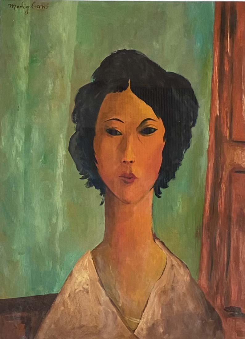 AMEDEO MODIGLIANI FIGURATIVE OIL ON PAPER V$30,000: MINT CONDITION/MEASUREMENTS: The piece is 44 inches high and 34 inches wide./Amedeo Clemente Modigliani was an Italian Jewish painter and sculptor who worked mainly in France. He is known for portrait