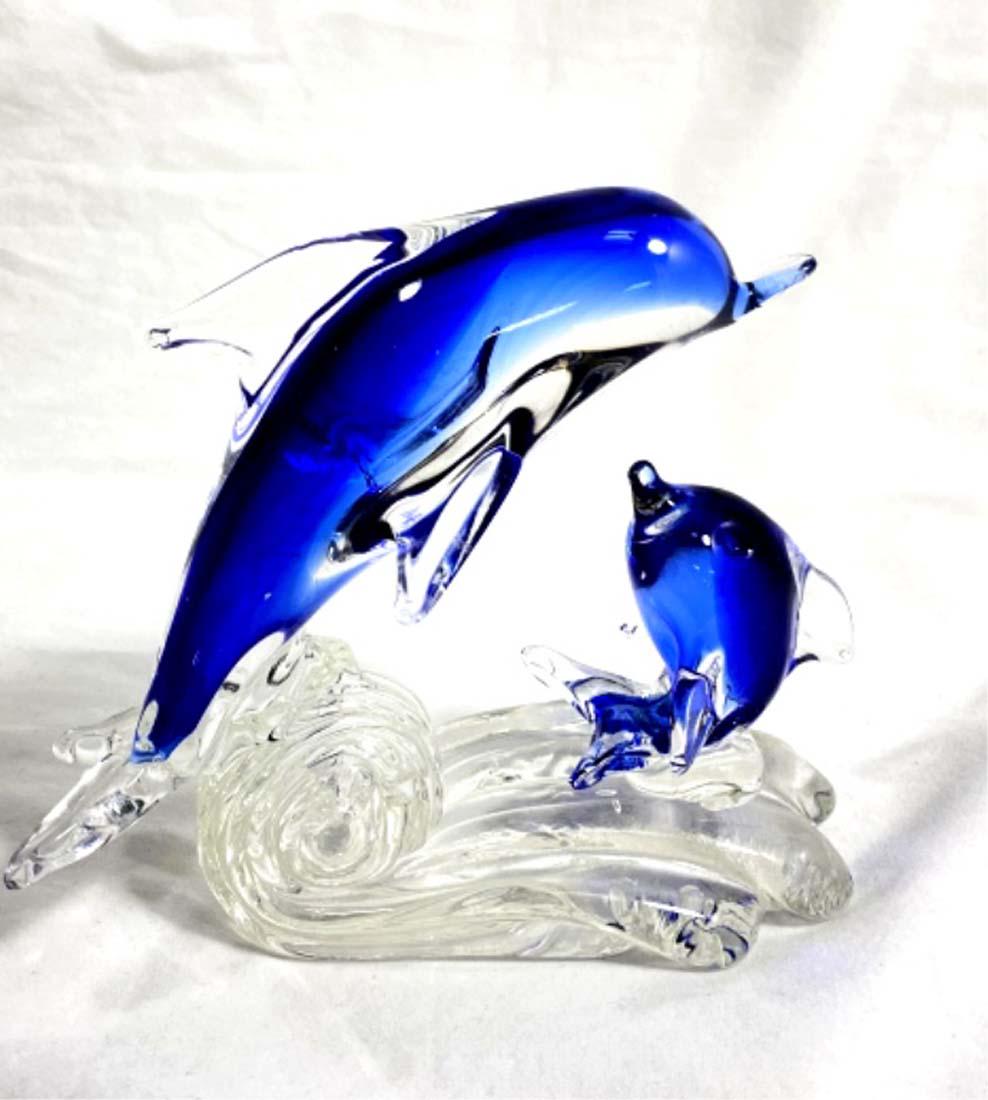 BEAUTIFUL COBALT BLUE DOUBLE DOLPHIN GLASS SCULPTURE: 6"H MINT CONDITION
