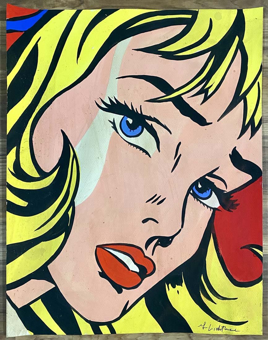 ROY LICHTENSTEIN OIL ON PAPER V$5,000: MINT CONDITION/NO FRAME/SOME SPOTS THROUGHOUT/MEASUREMENTS:The composition is 22 inches high and 17 inches wide./Roy Fox Lichtenstein was an American pop artist. During the 1960s, along with Andy Warh