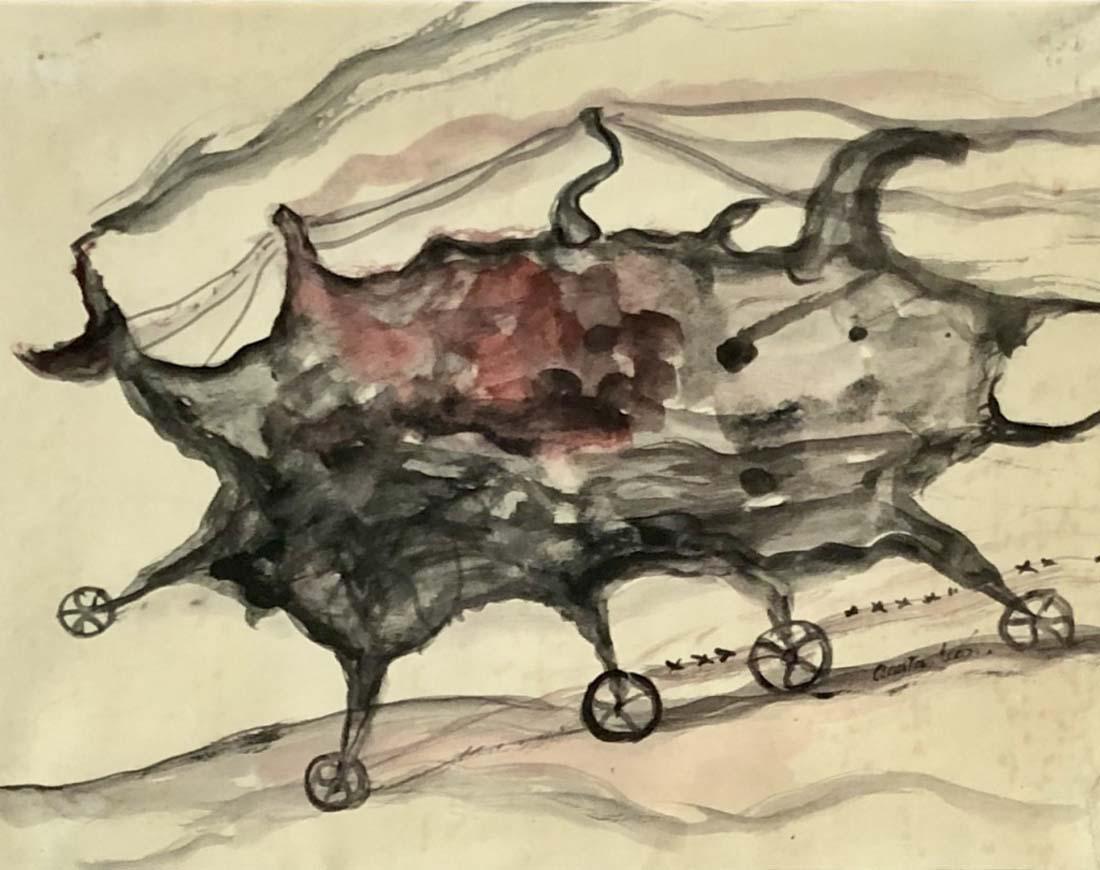 ANGEL ACOSTA LEON POLYCHROMATIC WATERCOLOR V$10,000: MEASUREMENTS: The piece is 18 inches high and 22 inches wide/Ãngel Acosta LeÃ³n was a Cuban painter. His style owes much to surrealism, and expresses the pain he felt through much of his life. Anim