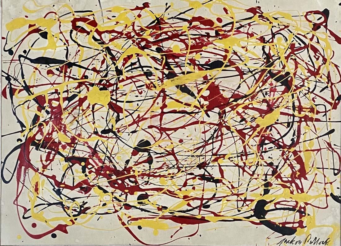 JACKSON POLLOCK ACRYLIC ON BOARD/PAPER V$25,000: MINT CONDITION/MEASUREMENTS: The composition is 21 inches high and 29 inches wide/Paul Jackson Pollock was an American painter and a major figure in the abstract expressionist movement. He was widely 