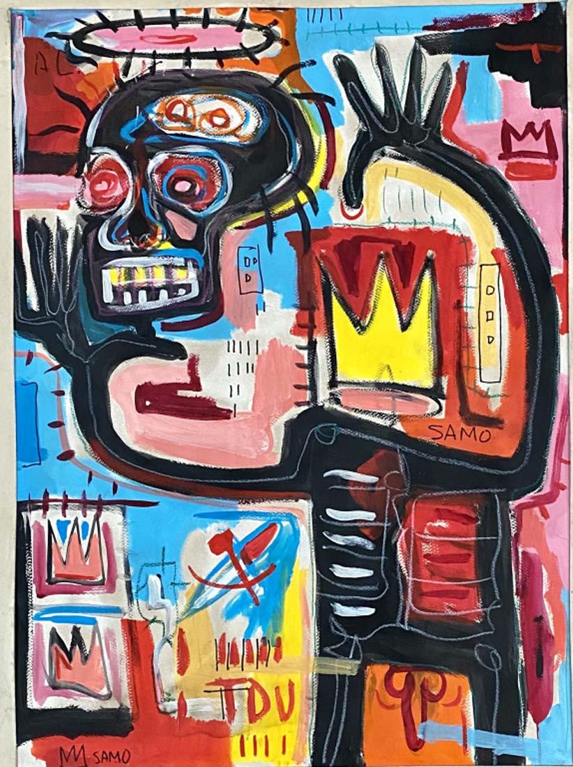 JEAN-MICHEL BASQUIAT MIXED MEDIA ON PAPER $27,000: NO GLASS IN FRAME/MINT CONDITION/MEASUREMENTS: The composition is 29 inches high and 21 inches wide/December 22, 1960 â€“ August 12, 1988) was an American artist of Haitian and Puerto Rican desce
