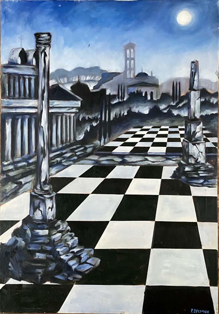 PAUL DELVAUX SURREALISTIC OIL ON CANVAS V$4,000: MEASUREMENTS: The composition is 40 inches high and 28 inches wide./Paul Delvaux was a Belgian painter noted for his dream-like scenes of women, classical architecture, trains and train stations, and