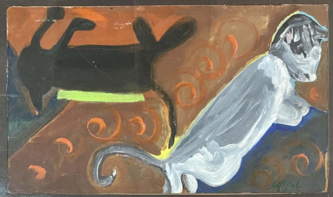 KAREL APPEL ACRYLIC ON BOARD V$5,500: MEASUREMENTS: The composition is 13 inches high and 23 inches wide/Christiaan Karel Appel was a Dutch painter, sculptor, and poet. He started painting at the age of fourteen and studied at the Rijksak