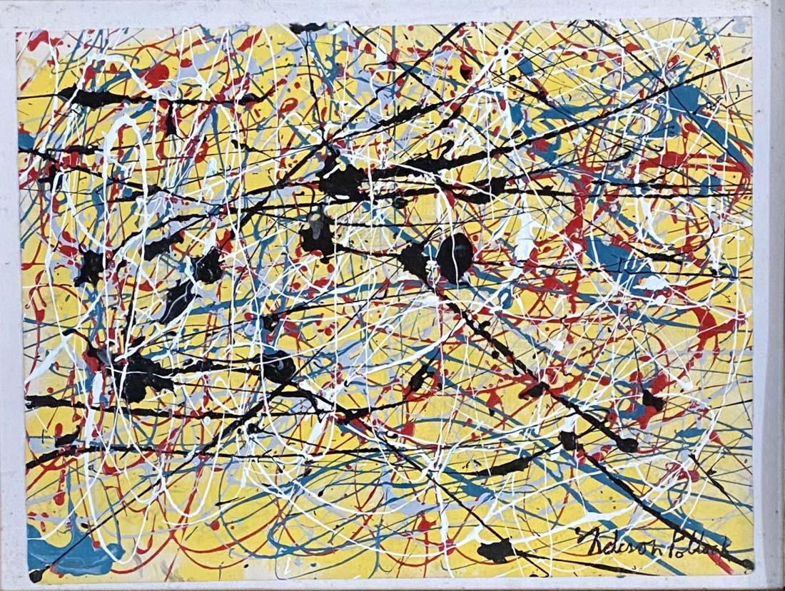 JACKSON POLLOCK POLYCHROMATIC ACRYLIC ON PAPER V$15,000: MEASUREMENTS: The composition is 10 inches high and 14 inches wide/Paul Jackson Pollock was an American painter and a major figure in the abstract expressionist movement. He was widely noticed for his