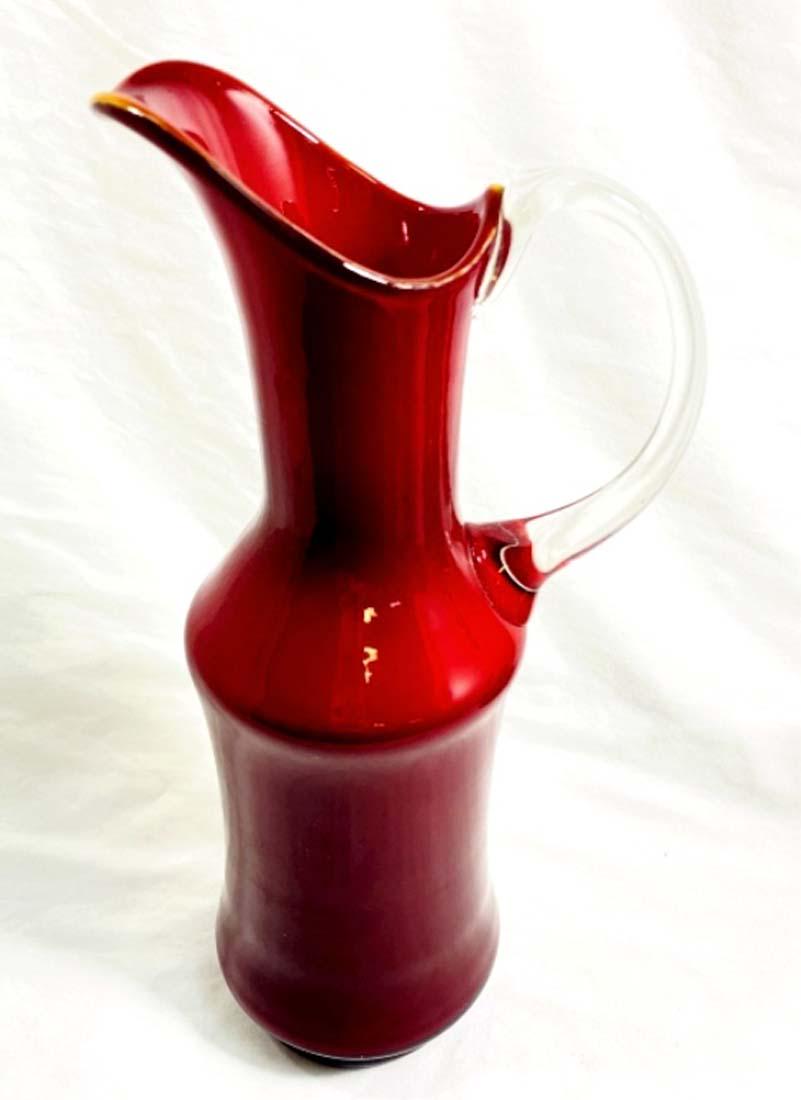 UNIQUE VINTAGE RED ART GLASS PITCHER WITH HANDLE: 11.5"H MINT CONDITION