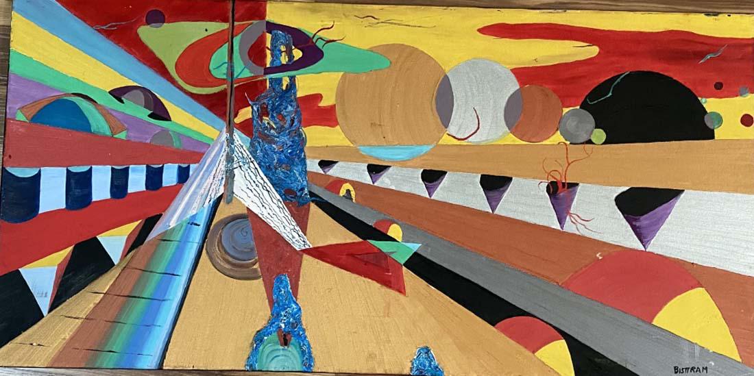 EMIL BISTRAM ABSTRACT OIL ON CANVAS V$18,000: GOOD CONDITION, NO FRA/MEASUREMENTS: The composition is 24 inches high and 48 inches wide./Emil Bisttram was an American artist who lived in New York and Taos, New Mexico, and was known for his modern