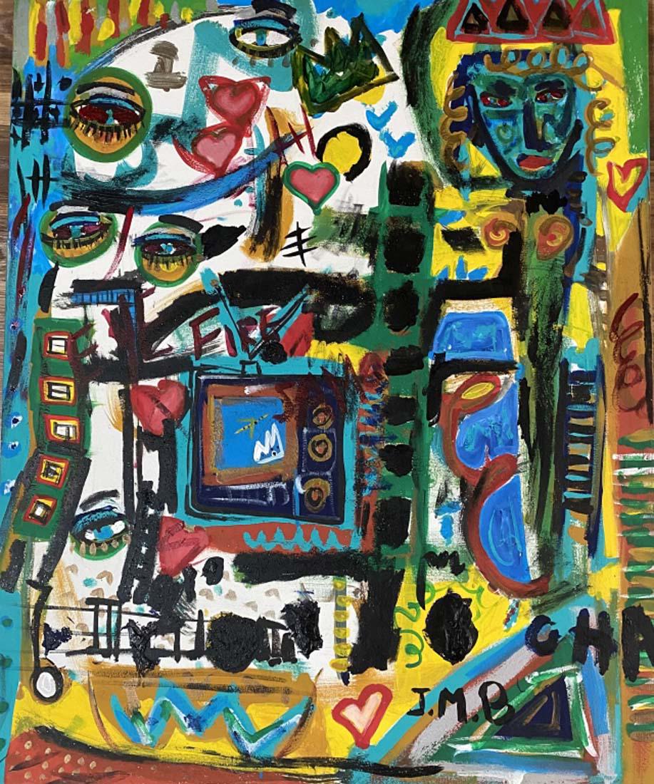 JEAN MICHEL BASQUIAT ACRYLIC ON CANVAS V$30,000: MINT CONDITION/MEASUREMENTS: The composition is 40 inches high and 32 inches wide./December 22, 1960 â€“ August 12, 1988) was an American artist of Haitian and Puerto Rican descent. Basquiat firs