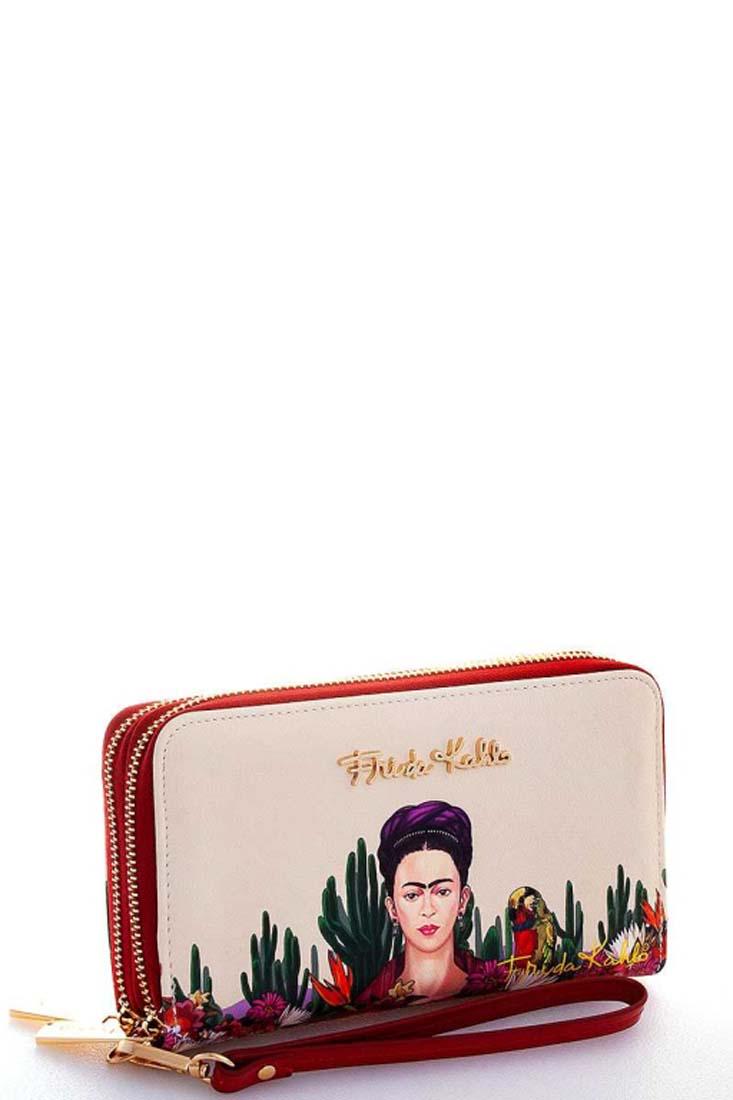 FRIDA KAHLO GENUINE WALLET CROSSBODY: Detachable Hand Strap 2 Zipper Top Closure Back Zipper Pocket Multi Organizer 2 ID Windows