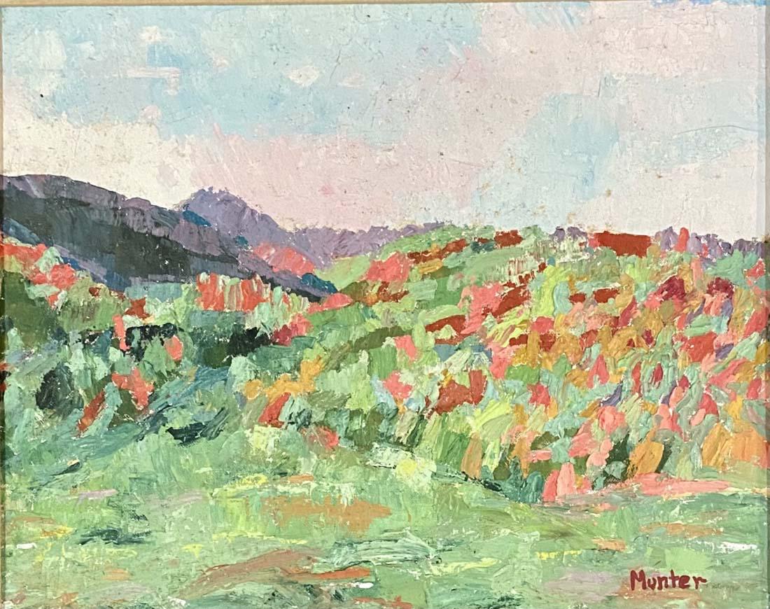 GABRIELE MUNTER IMPRESSIONIST OIL/BOARD V$29,000: GOOD CONDITION, SHOWS AGE/MEASUREMENTS: The composition is 15 inches high and 19 inches wide/Gabriele MÃ¼nter was a German expressionist painter who was at the forefront of the Munich avant-garde in