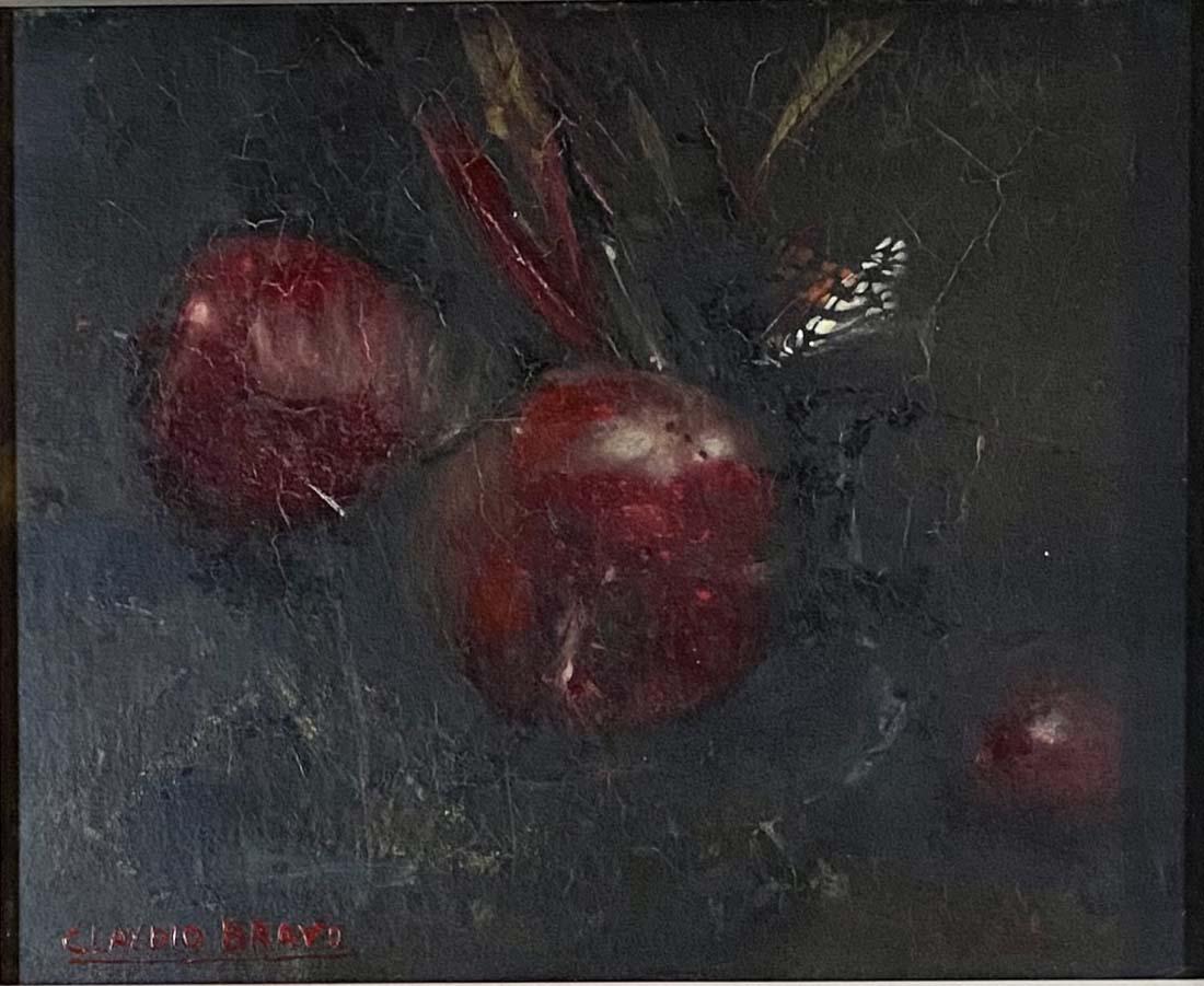 CLADIO BRAVO STILL LIFE OIL ON BOARD V$40,000: MINT CONDITION/MEASUREMENTS: The piece is 17 inches high and 18 inches wide./Claudio Nelson Bravo Camus was a Chilean hyperrealist painter. He was greatly influenced by Renaissance and Baroque artists