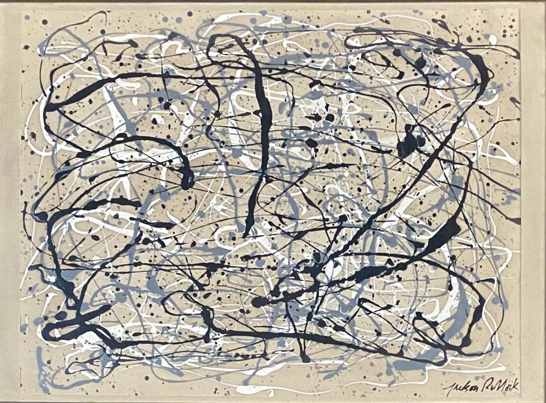 JACKSON POLLOCK ABSTRACT OIL ON PAPER V$30,000: MINT CONDITION/MEASUREMENTS: The composition is 21 inches high and 25 inches wide/Paul Jackson Pollock was an American painter and a major figure in the abstract expressionist movement. He was widely 