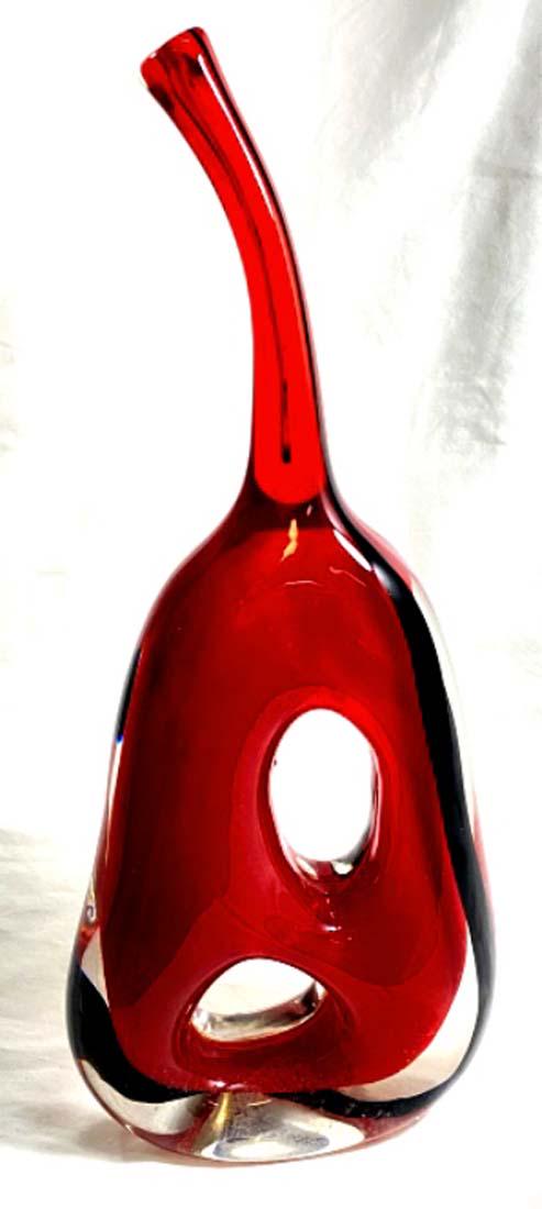 FIERY RED "HOLES" ABSTRACT ITALIAN ART GLASS VASE: 18"H GOOD CONDITION, INSIDE BLEMISH, DOES NOT AFFECT GLASS, SEE PIC