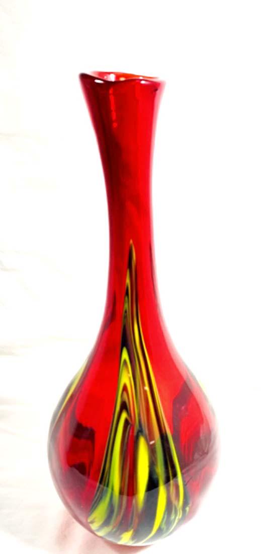 FANTASTIC ABSTRACT RED/YELLOW ART GLASS VASE: 14"H MINT CONDITION