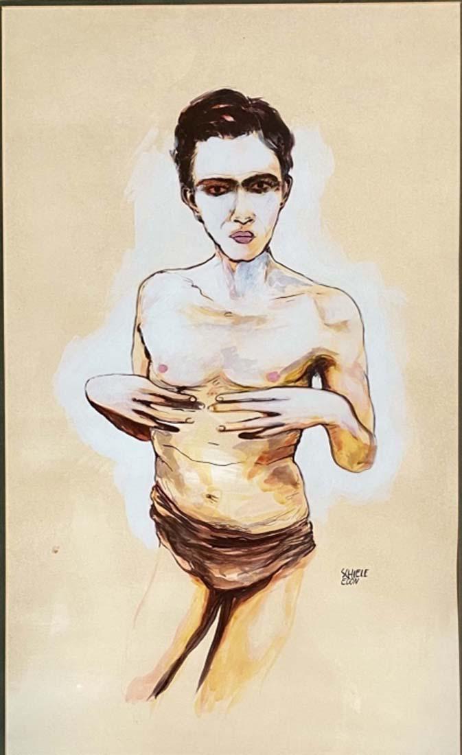 EGON SCHIELE FIGURATIVE TEMPERA ON PAPER V$10,000: MEASUREMENTS: The composition is 33 inches high and 23 inches wide./Egon Schiele was an Austrian painter. A protÃ©gÃ© of Gustav Klimt, Schiele was a major figurative painter of the early 20th cent