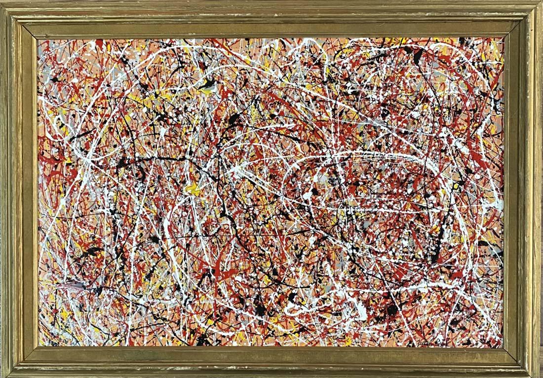 JACKSON POLLOCK OIL ON CANVAS ABSTRACT V$25,000: MINT CONDITION/MEASUREMENTS: The composition is 24 inches high and 36 inches wide/"in the style of" Paul Jackson Pollock was an American painter and a major figure in the abstract expressionist moveme