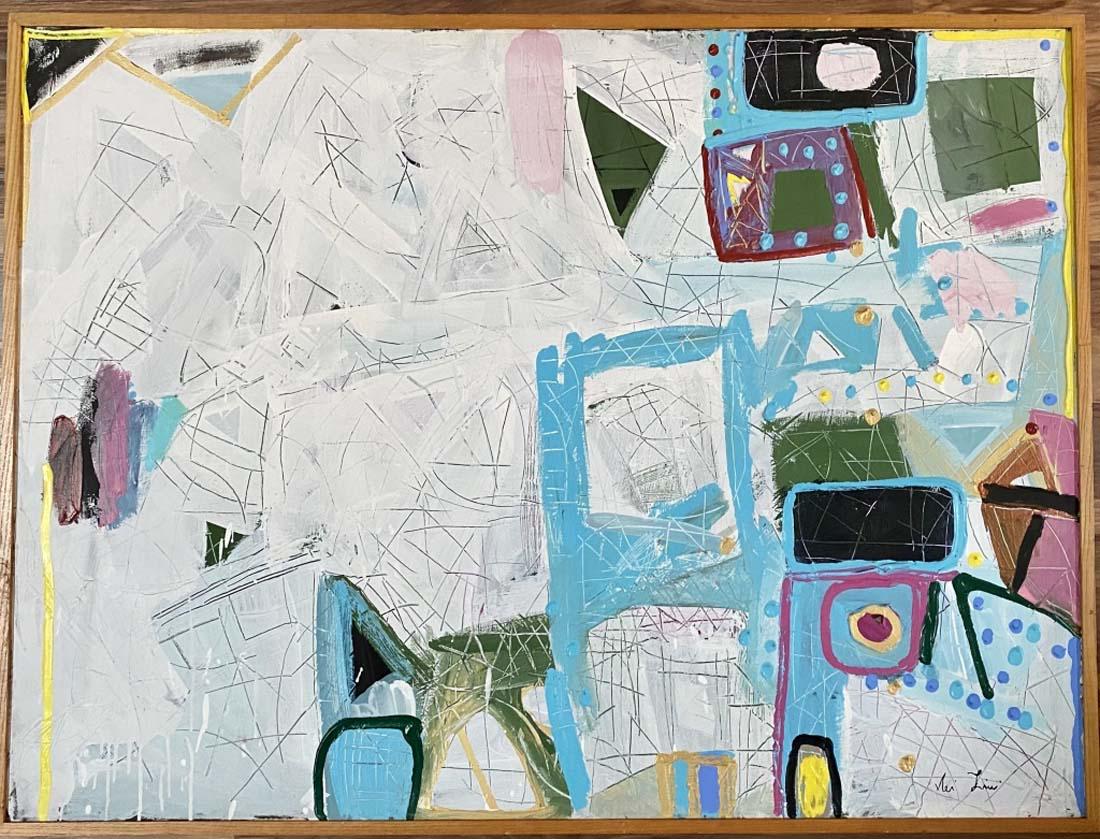 NICOLA DE MARIA MIXED MEDIA ON CANVAS V$53,000: MEASUREMENTS: The composition is 36 inches high and 48 inches wide./"in the style of" Nicola De Maria is a contemporary Italian artist known for his playful abstractions painted in bright primary colo