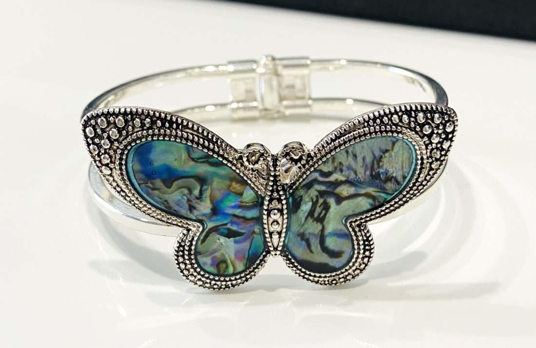 UNIQUE ABALONE SHELL SILVER BUTTERFLY BANGLE: SILVER TONE 6"