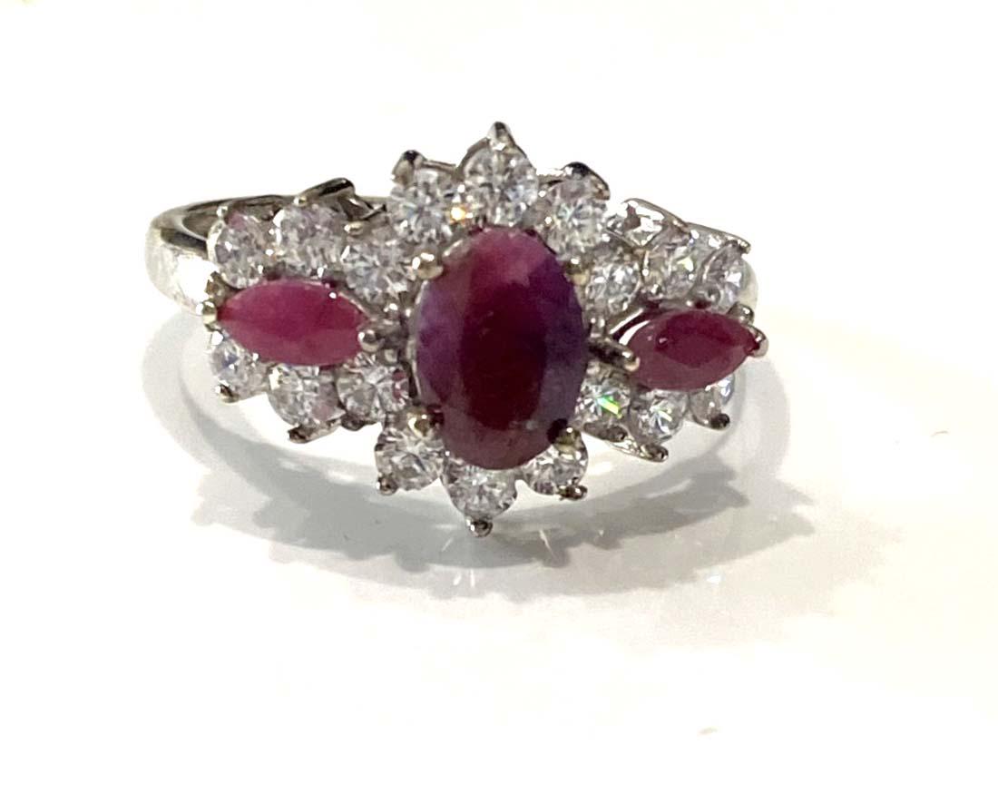 MARVELOUS RUBY AND WHITE TOPAZ 3CT STERLING RING: SIZE 7