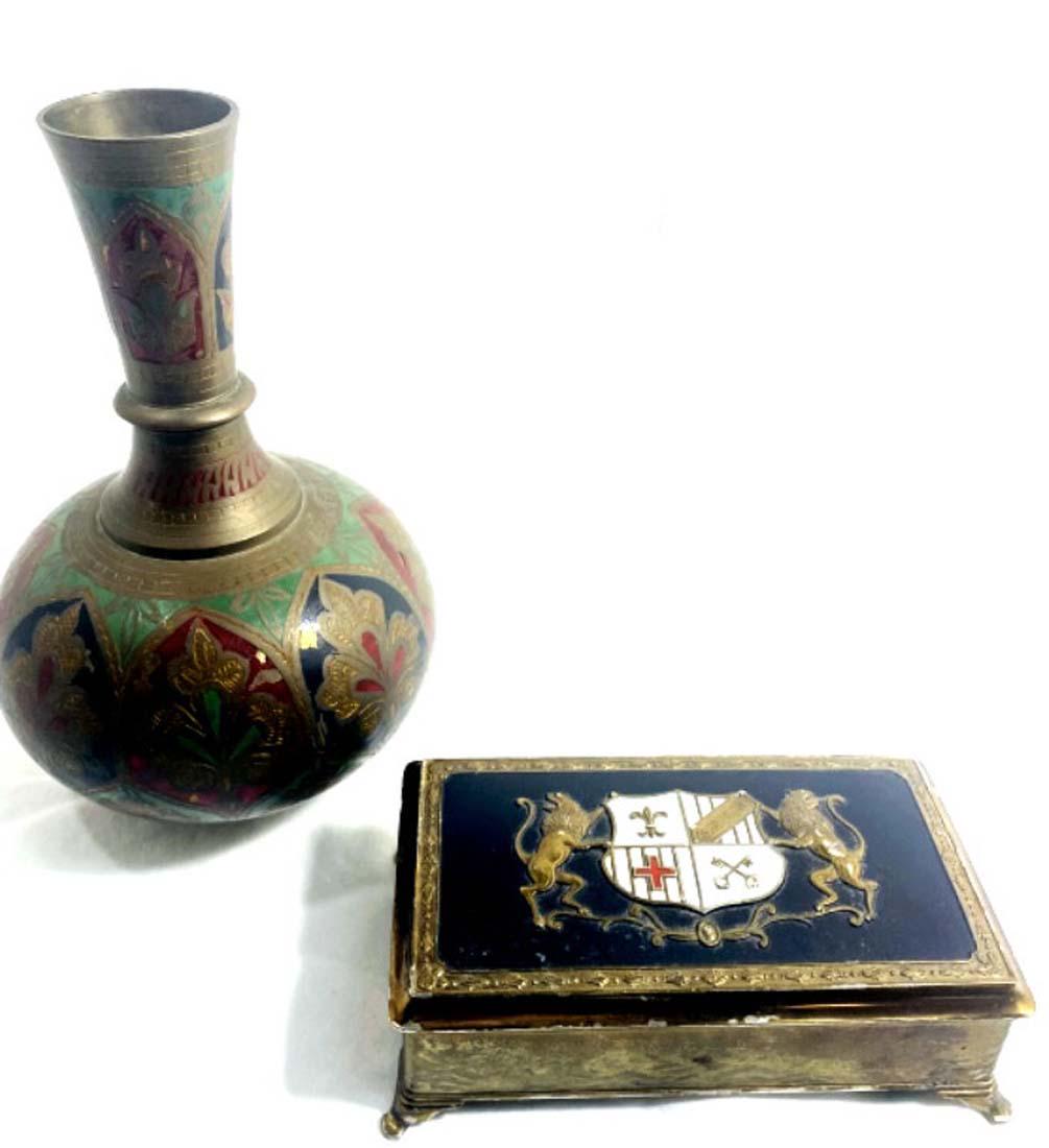 ANTIQUE BRASS MUSIC BOX AND COLLECTIBLE VASE: BOX IS 5.5" L AND VASE IS 8"H GOOD CONDITION EACH