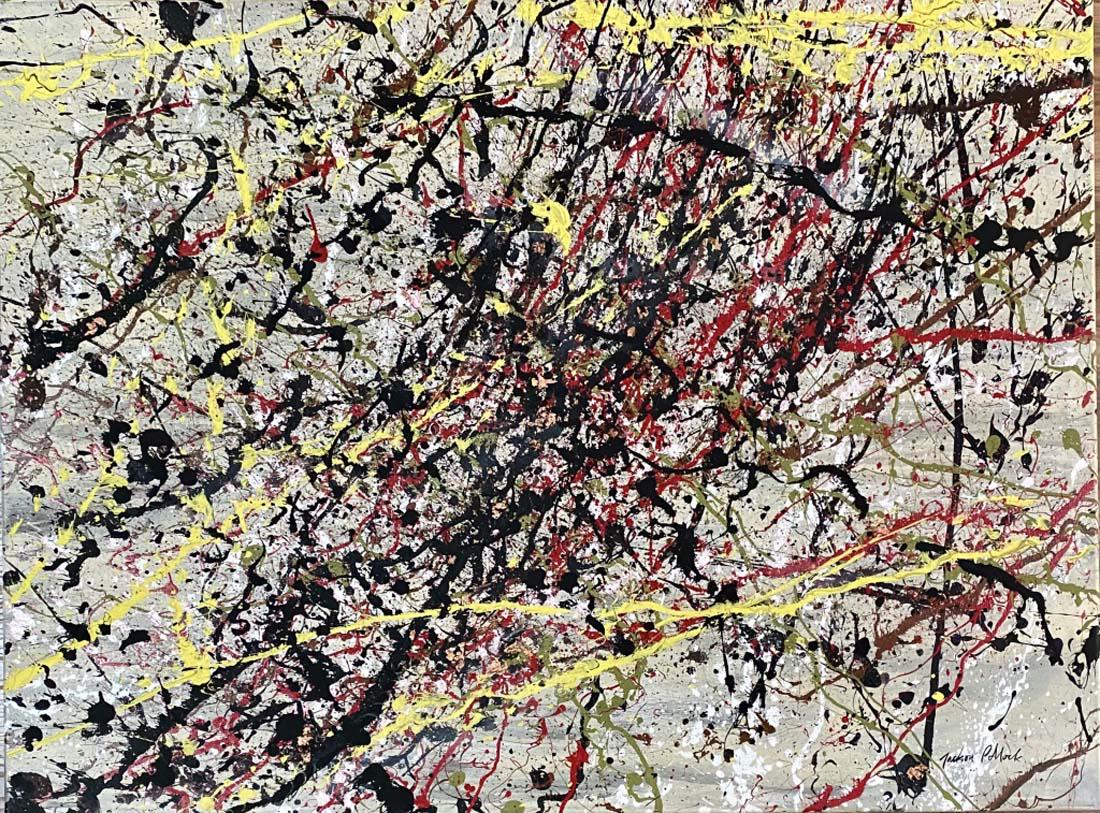 JACKSON POLLOCK OIL ON CANVAS ABSTRACT V$38,000: 48"WX26"H FRAMED/MINT CONDITION/"in the style of" Paul Jackson Pollock was an American painter and a major figure in the abstract expressionist movement. He was widely noticed for his technique of pou