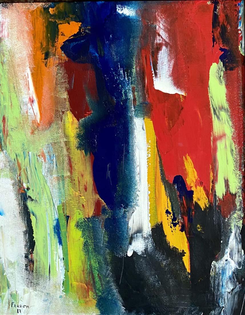 MARCELLE FERRON OIL ON CANVAS V$25,000: MEASUREMENTS: 17"WX21"H FRAMED MINT CONDITION/"in the style of" Marcelle Ferron, GOQ RCA, a Canadian QuÃ©bÃ©coise painter and stained glass artist, was a major figure in the Quebec contemporary ar