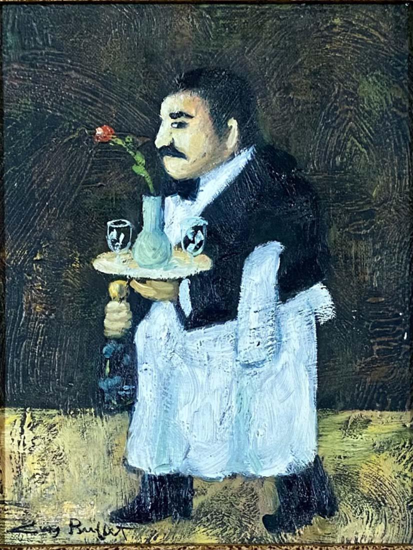GUY BUFFET OIL ON CANVAS V$7,000: 13"WX16"H MINT CONDITION/FRAMED/"in the style of" World-famous French-American artist Guy Buffet is known for his whimsical pieces often featuring sommeliers,French cafe scenes./Private collection, Li