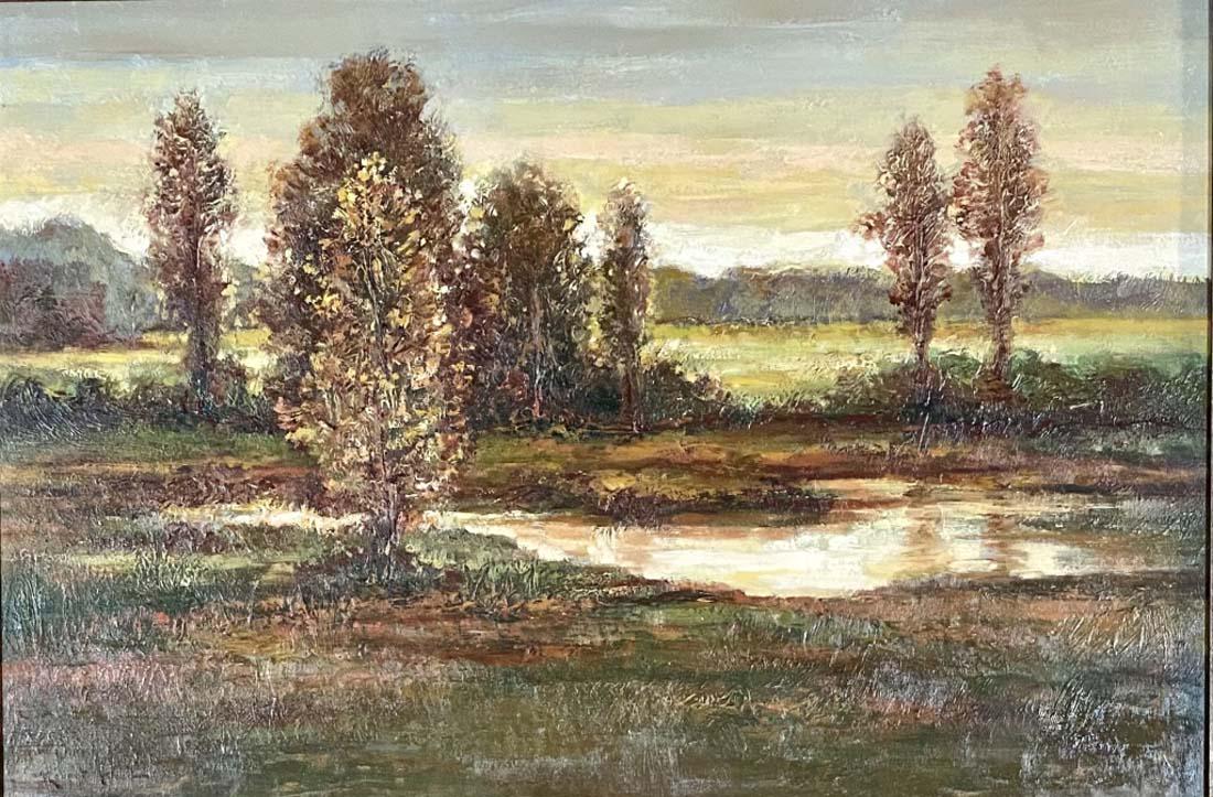 ROBERT WOOD OIL ON CANVAS LANDSCAPE V$25,000: 44"WX34"H MINT CONDITION/"in the style of" Robert William Wood was an American landscape painter. He was born in England, emigrated to the United States and rose to prominence in the 1950s with the sa
