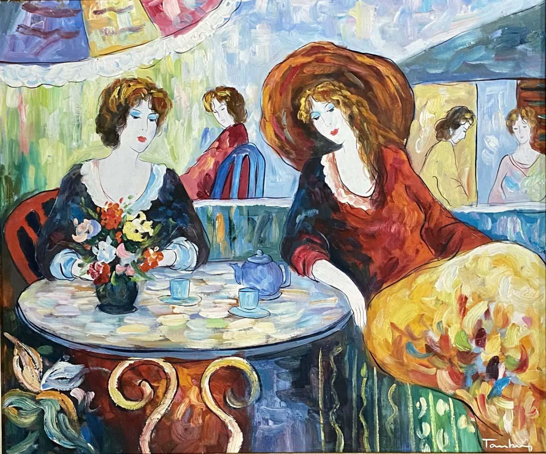 ITZCHAK TARKAY FIGURATIVE OIL ON CANVAS V$8,000: 25"HX30"W MINT CONDITION, FRAME HAS SOME CHIPS/"in the style of" Itzchak Tarkay was an Israeli artist./Private collection, Liveauctioneers policy requires to state "in the style of", no documentation.