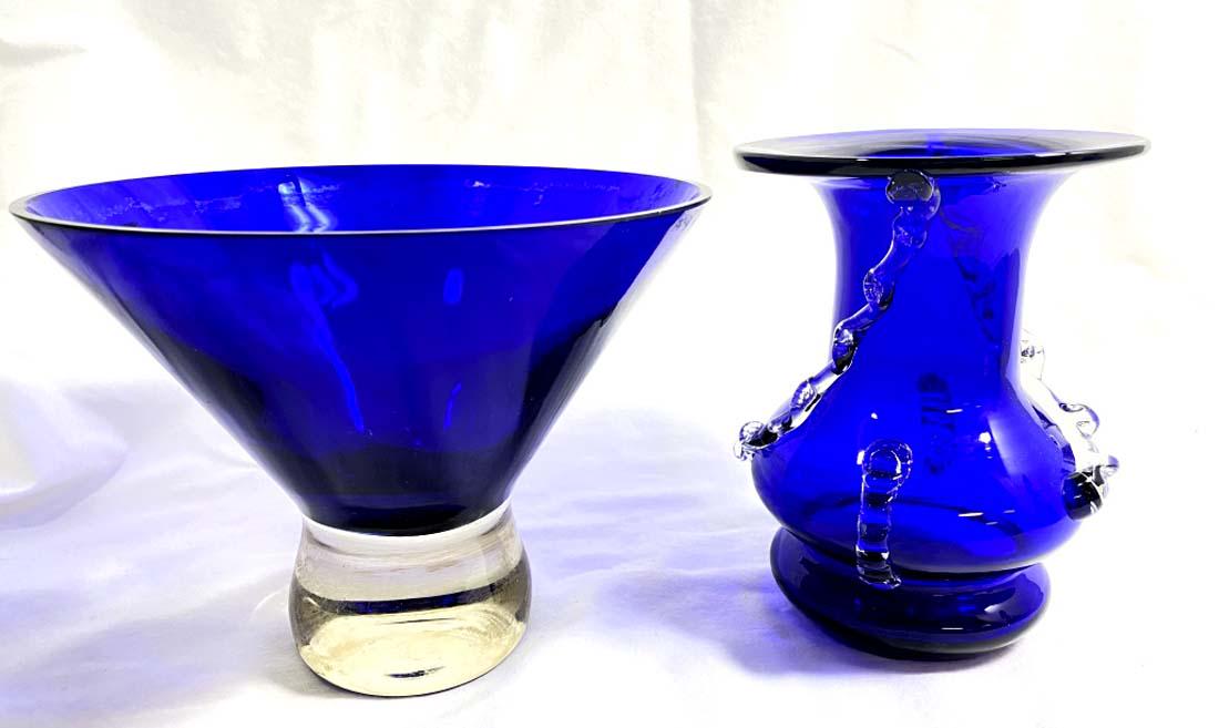 VINTAGE ART GLASS COBALT BLUE BOWL AND VASE: 6"H EACH GOOD CONDITION