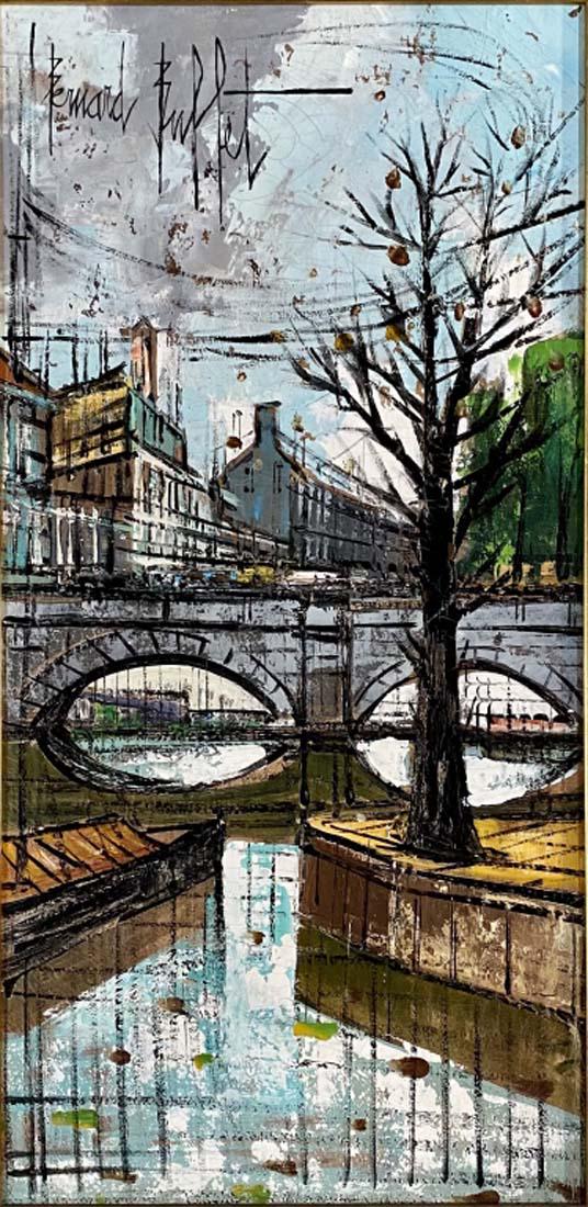 BERNARD BUFFET OIL ON CANVAS LANDSCAPE V$15,000: MEASUREMENTS: 30"HX17"W FRAMED MINT CONDITION/"in the style of" Bernard Buffet was a French painter of Expressionism and a member of the anti-abstract art group L'homme TÃ©moin/Private collection, L