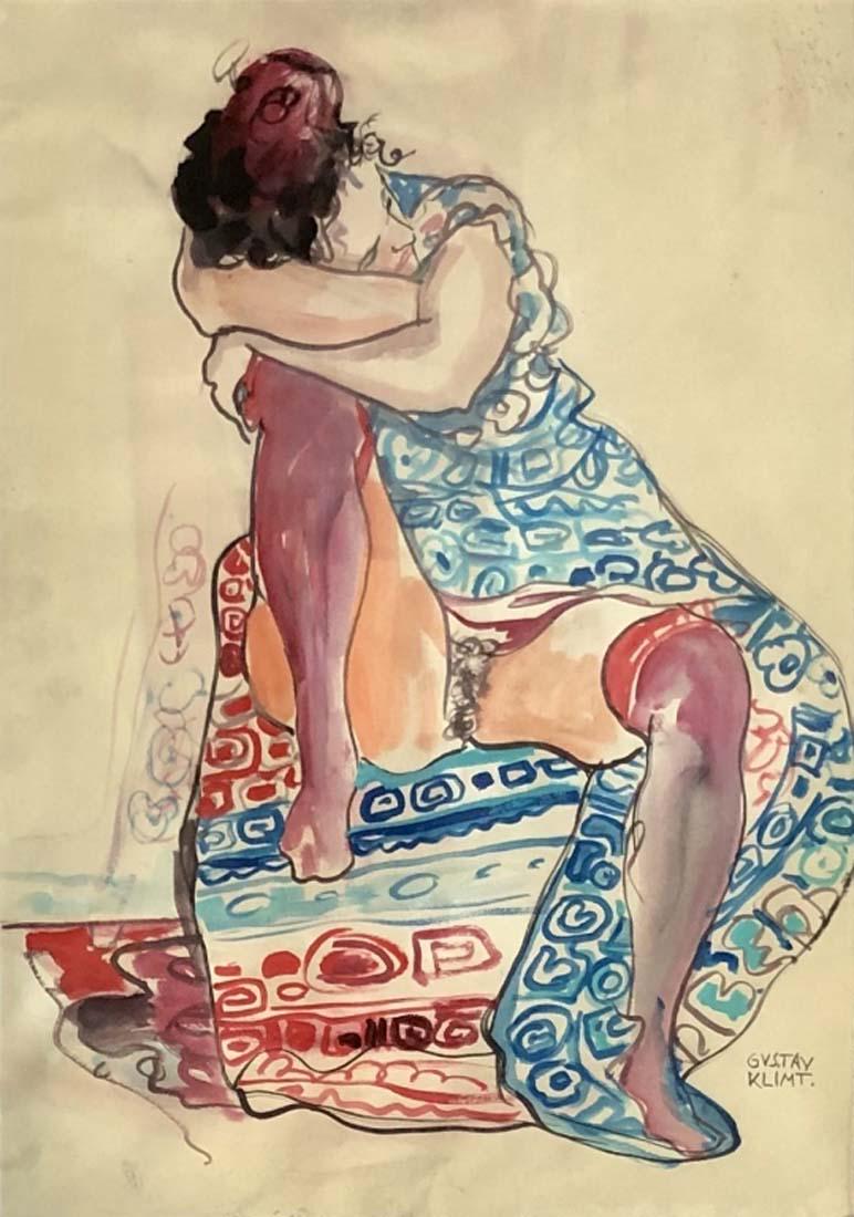 GUSTAV KLIMT MIXED MEDIA WORK ON PAPER V$3,500: MEASUREMENTS:The piece is 31 inches high and 25inches/VERY GOOD CONDITION/"in the style of"Gustav Klimt was an Austrian symbolist painter and one of the most prominent members of the Vienna Secession 