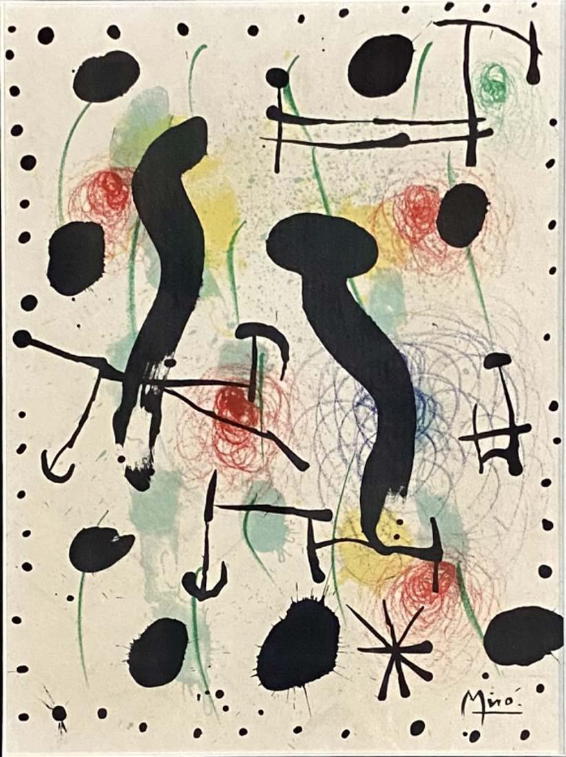 JOAN MIRO FINE ART LITHOGRAPH V$4,000: 18"H X15"W FRAMED AND MATTED MINT CONDITION/"in the style of"Joan MirÃ³ i FerrÃ was a Spanish painter, sculptor, and ceramicist born in Barcelona.Private collection, Liveauctioneers policy requir