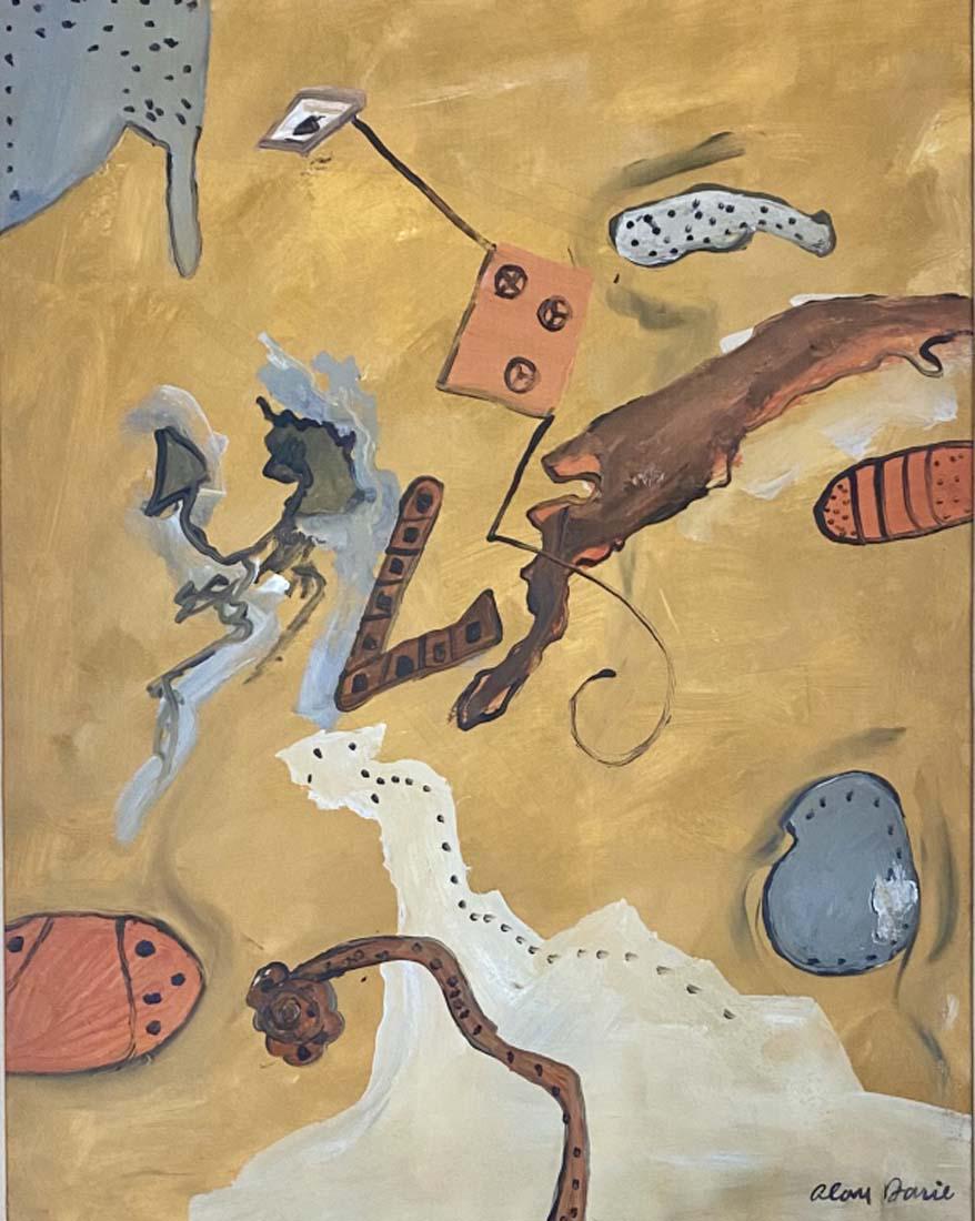 ALAN DAVIE OIL ON PAPER ABSTRACT PAINTING V$13,000: MEASUREMENTS: 32"HX26"W FRAMED/NO GLASS IN FRAME VERY GOOD CONDITION/"in the style of" James Alan Davie was a Scottish painter and musician./Private collection, Liveauctioneers policy requires to stat