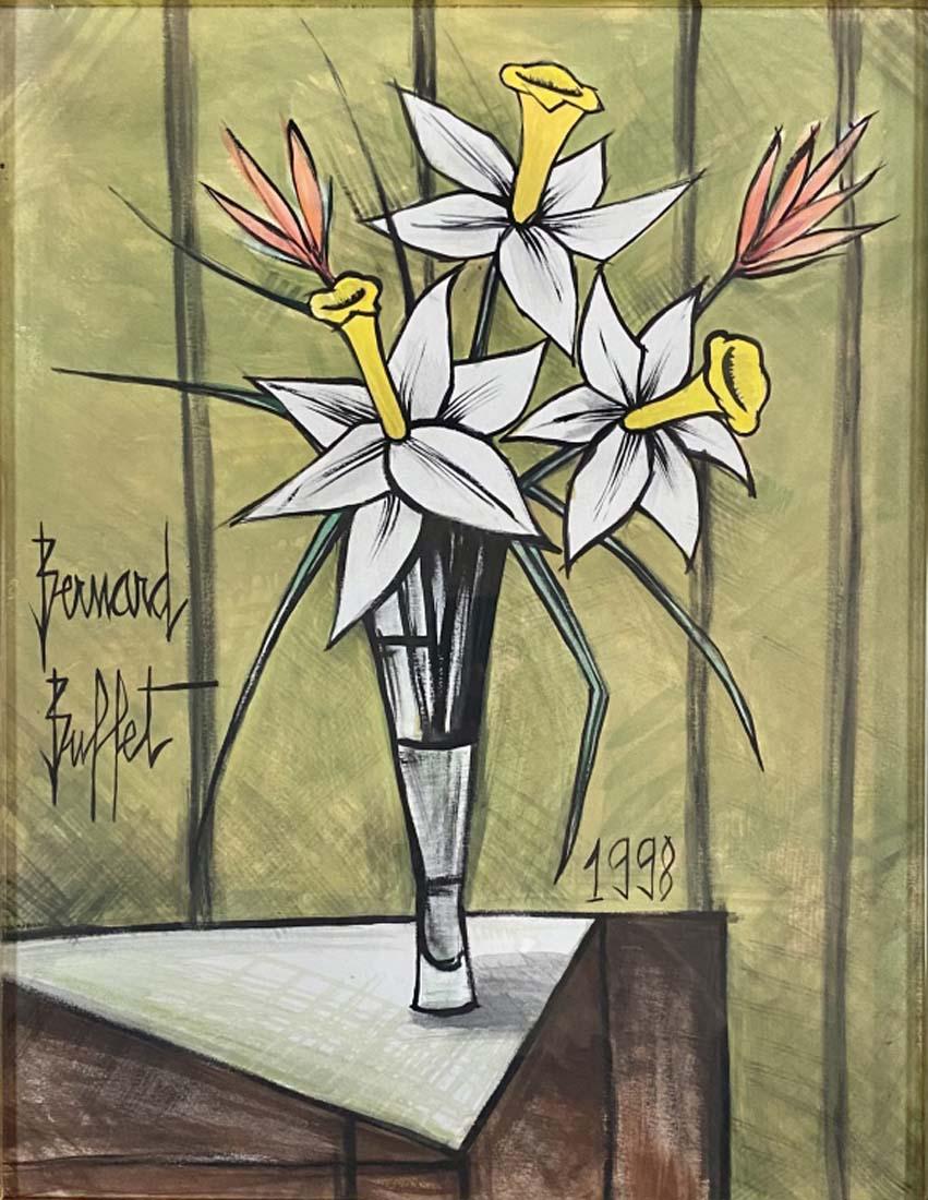 BERNARD BUFFET OIL ON PAPER STILL LIFE PAINTING: MEASUREMENTS: 22"HX17"W FRAMED/MINT CONDITION/"in the style of"Bernard Buffet was a French painter of Expressionism and a member of the anti-abstract art group L'homme TÃ©moin/Private collection, Li