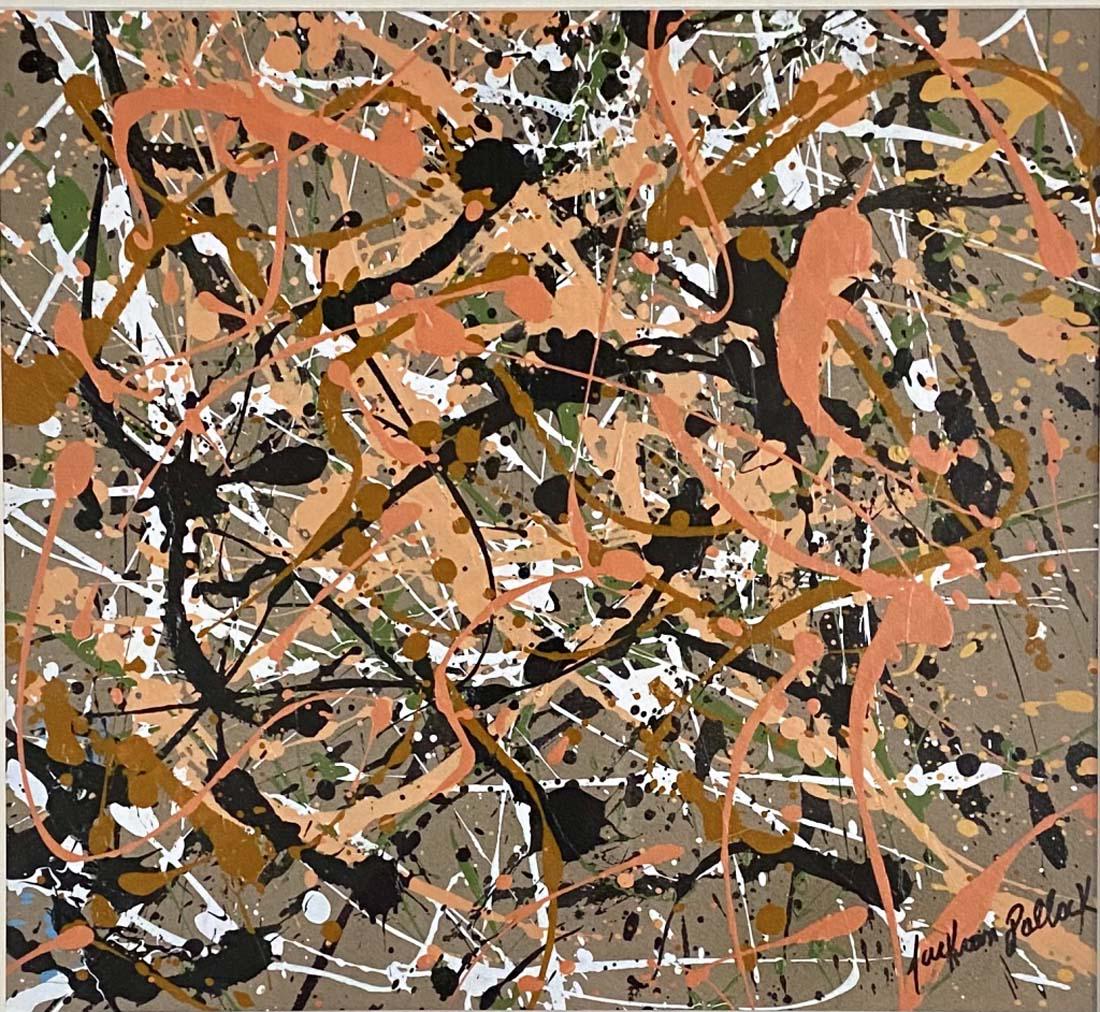 JACKSON POLLOCK ABSTRACT OIL ON PAPER V$30,000: MEASUREMENTS: 25"WX26"H MINT CONDITION, FRAMED/"in the style of"Paul Jackson Pollock was an American painter and a major figure in the abstract expressionist movement. He was widely noticed for his te
